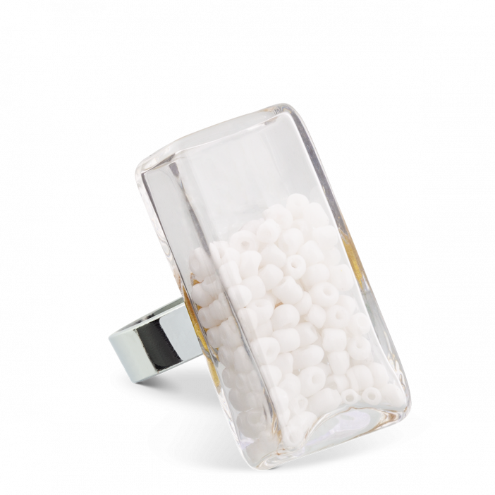 Glass ring - Rectangle Medium Perles White