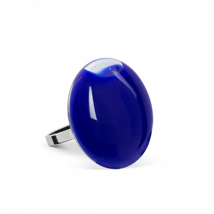 Bague en verre soufflée - Galet Mini Milk Bleu Foncé