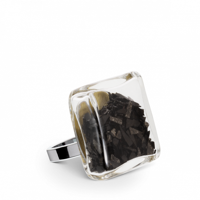 Bague en verre soufflée - Carré Mini Paillettes Noir