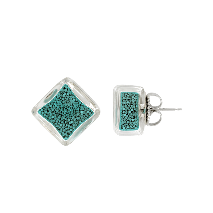 Boucles d'oreilles clou en verre soufflées - Carré Billes Turquoise