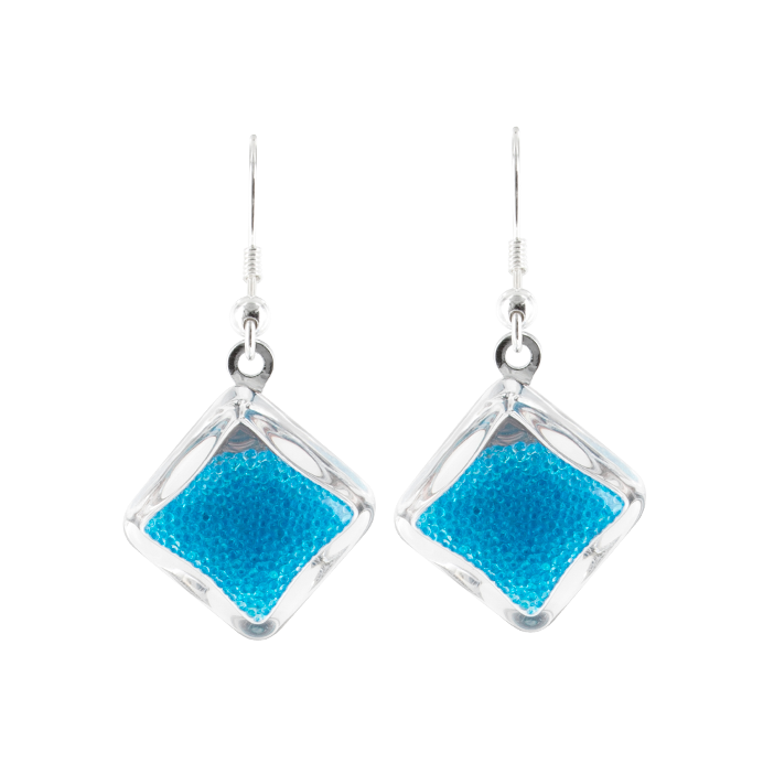 Boucles d'oreilles crochet en verre soufflées - Carré Billes Bleu roi