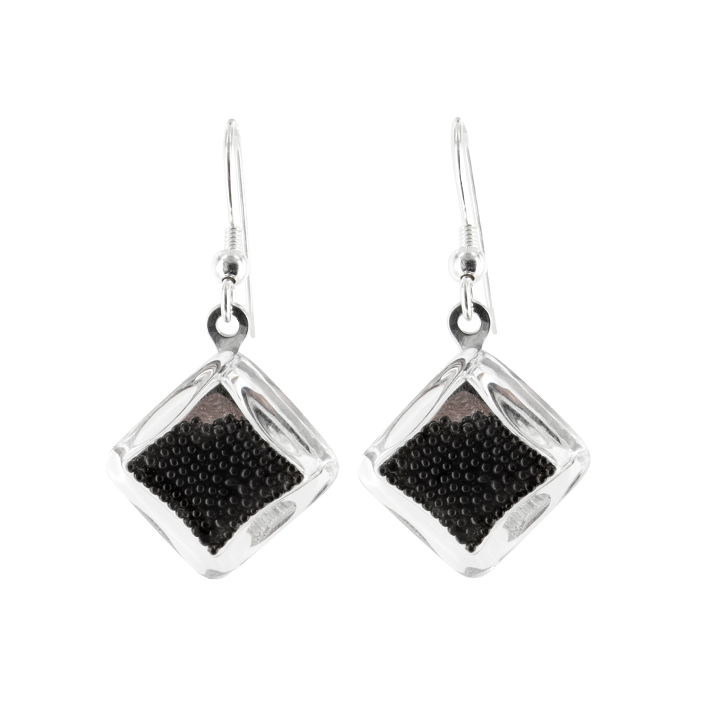 Boucles d'oreilles crochet en verre soufflées - Carré Billes Noir