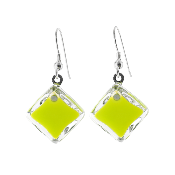 Boucles d'oreilles crochet en verre soufflées - Carré Milk Vert Clair
