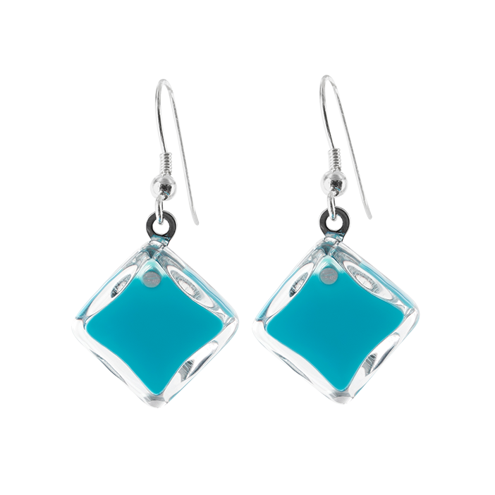 Boucles d'oreilles crochet en verre soufflées - Carré Milk Turquoise