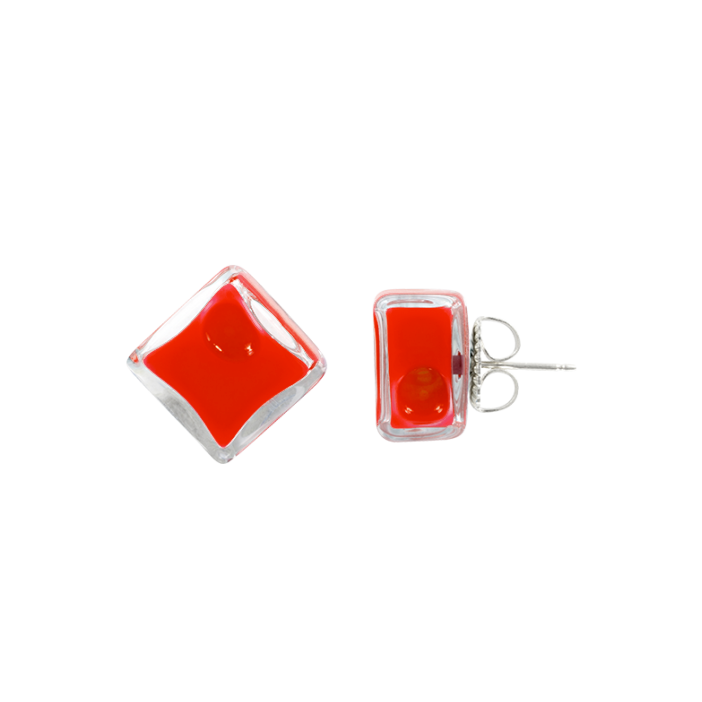 Boucles d'oreilles clou en verre soufflées - Carré Milk Rouge clair
