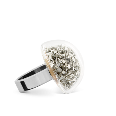 Bague en verre soufflée - Dome Mini Paillettes Argent