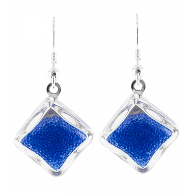 Boucles d'oreilles crochet en verre soufflées - Carré Billes Bleu Foncé