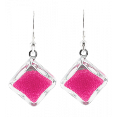 Boucles d'oreilles crochet en verre soufflées - Carré Billes Fushia