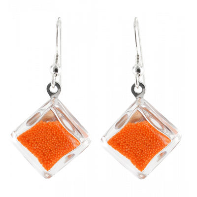 Boucles d'oreilles crochet en verre soufflées - Carré Billes Orange
