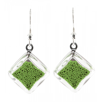 Boucles d'oreilles crochet en verre soufflées - Carré Billes Vert