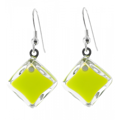 Boucles d'oreilles crochet en verre soufflées - Carré Milk Vert Clair