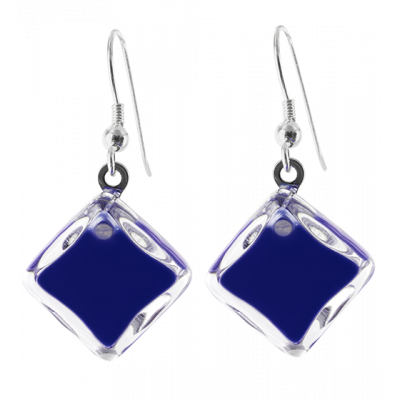 Boucles d'oreilles crochet en verre soufflées - Carré Milk Bleu Foncé