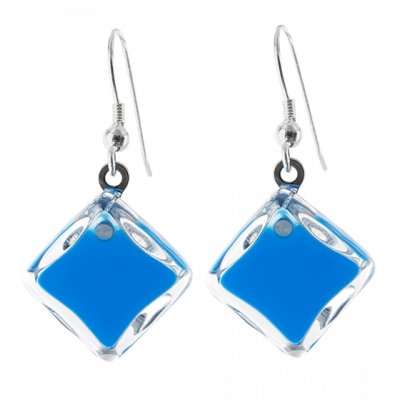Boucles d'oreilles crochet en verre soufflées - Carré Milk Bleu roi
