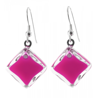 Boucles d'oreilles crochet en verre soufflées - Carré Milk Fushia