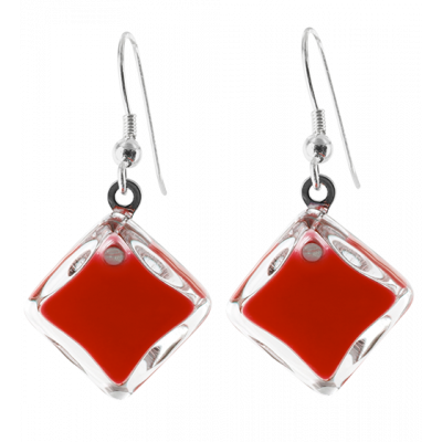 Boucles d'oreilles crochet en verre soufflées - Carré Milk Rouge foncé