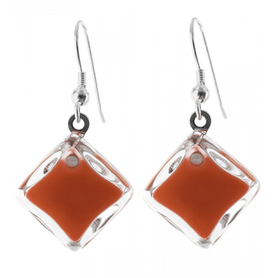 Boucles d'oreilles crochet en verre soufflées - Carré Milk Rouille