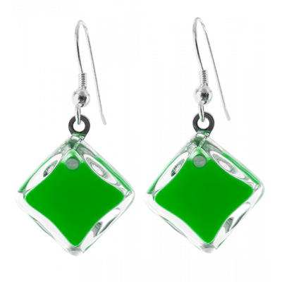 Boucles d'oreilles crochet en verre soufflées - Carré Milk Vert foncé