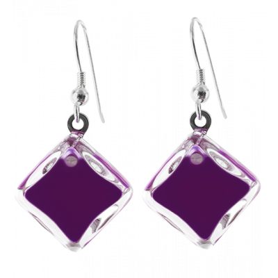 Boucles d'oreilles crochet en verre soufflées - Carré Milk Violet foncé